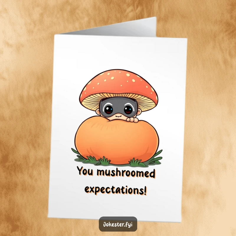 Funny Free Printable Congratulations Card: A character in a funny mask curiously peeks from behind a large, colorful mushroom cap.