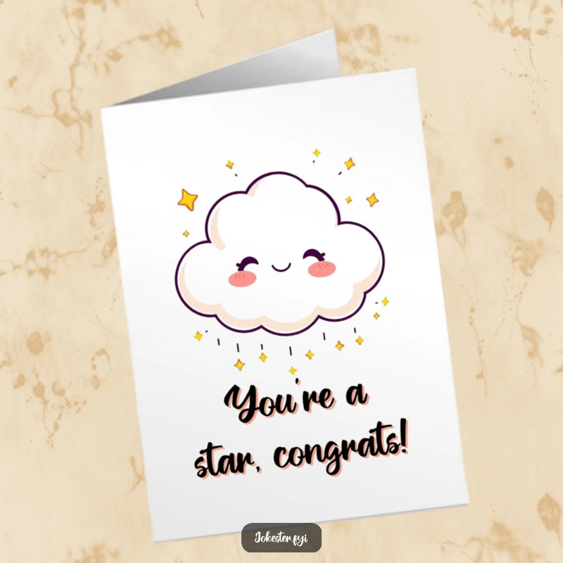 Funny Free Printable Congratulations Card: A cheerful cloud happily raining down small, glittering stars.