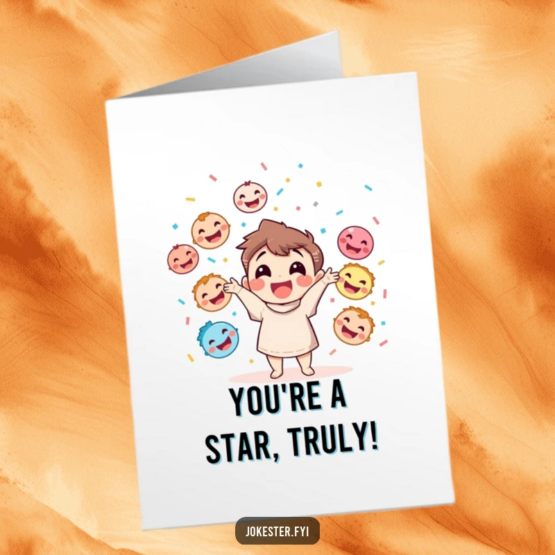 Funny Free Printable Congrats Card: A character juggles laughing faces amid confetti, celebrating your fantastic achievement with pure joy.