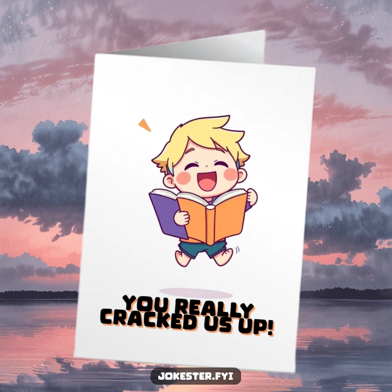 Funny Free Printable Congratulations Card showing a character in mid-air, ecstatic, holding an oversized joke book.