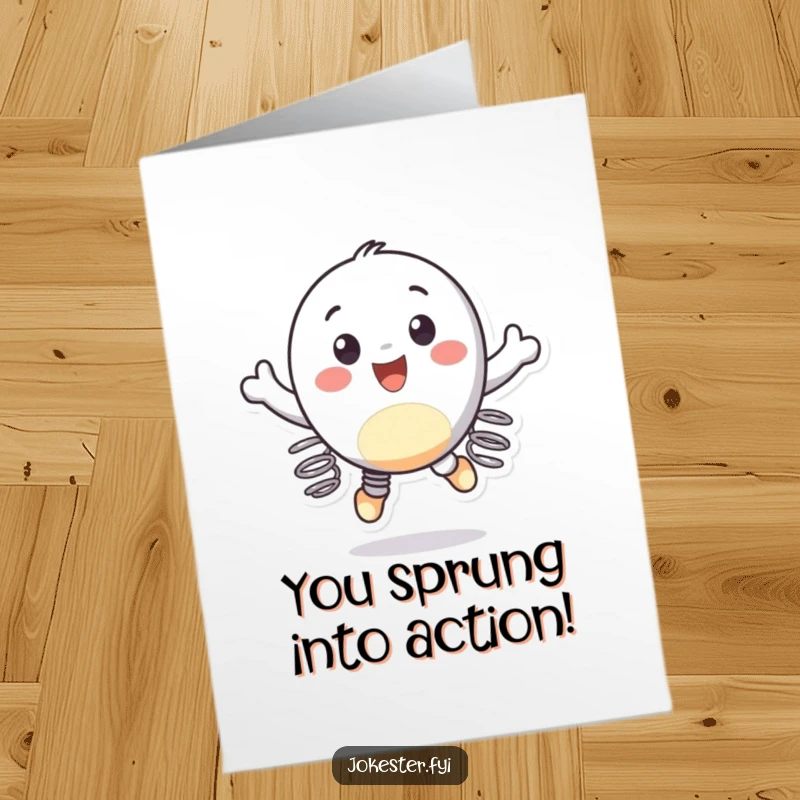 Funny Free Printable Congratulations Card: A cheerful character wearing springs on its feet bounces gleefully in the air to celebrate an achievement.