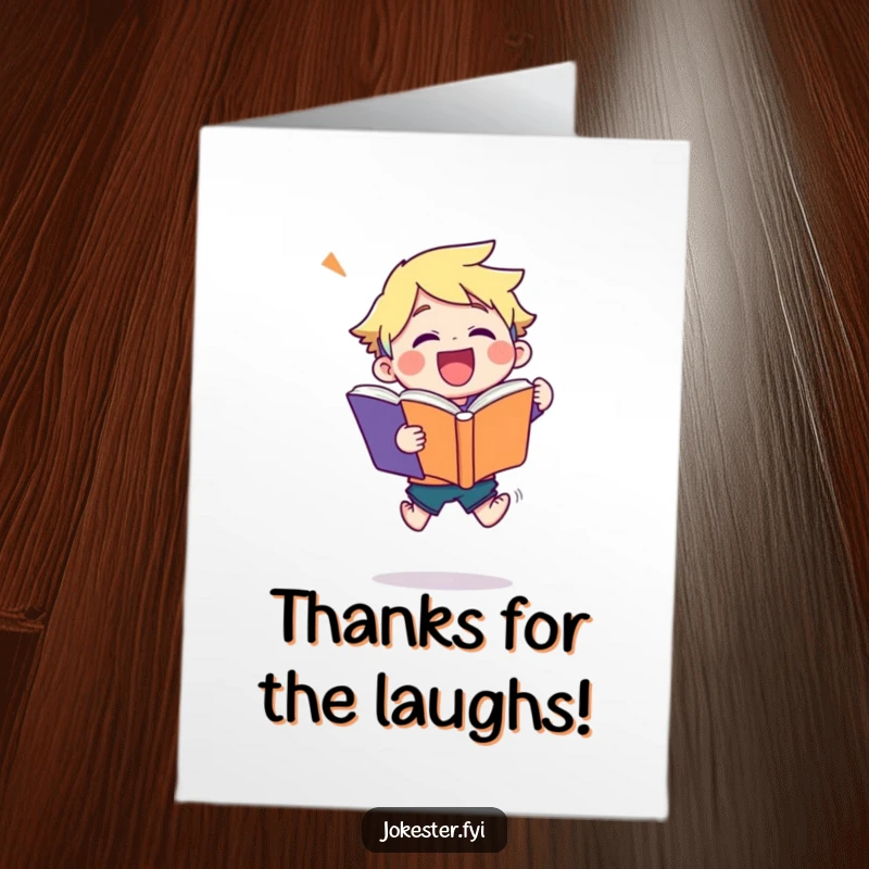 Funny Free Printable Thank You Card of a character leaping happily while clutching a giant book of jokes.