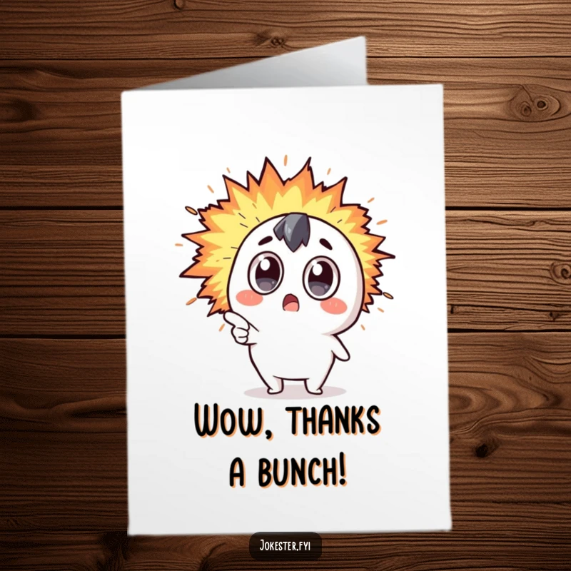 Funny Free Printable Thank You Card: Amazed Kawaii character with shocked expression points to a big, colorful explosion of jokes.