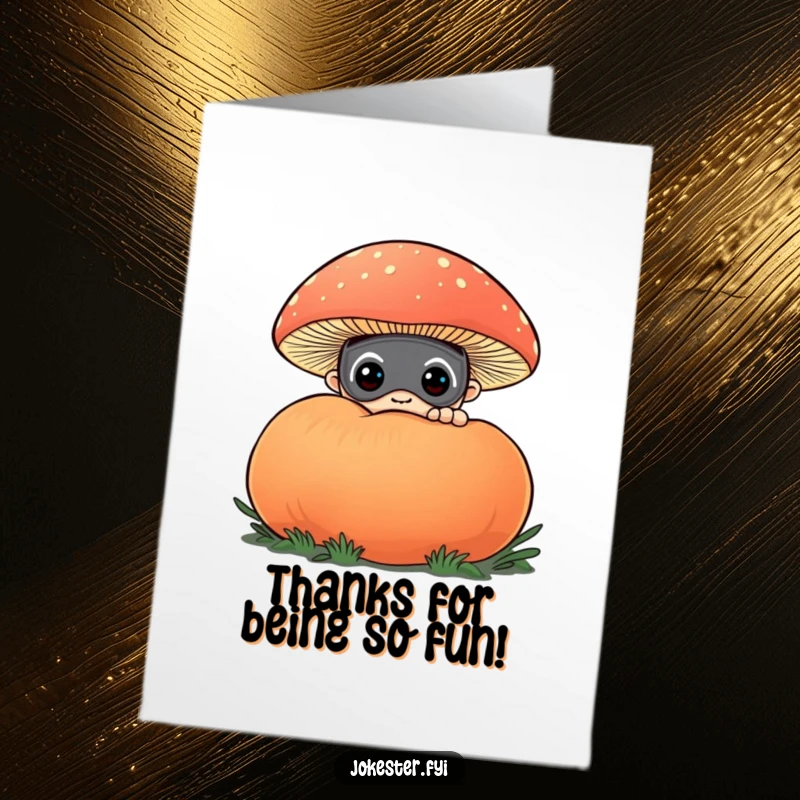 Funny Free Printable Thank You Card: A character wearing a silly mask peeks from behind a big, brightly colored mushroom.