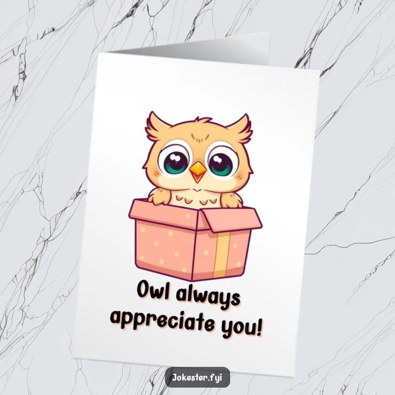 Funny Free Printable Thank You Card: A cheerful owl pops out of a gift box with a look of happy surprise, saying thank you.