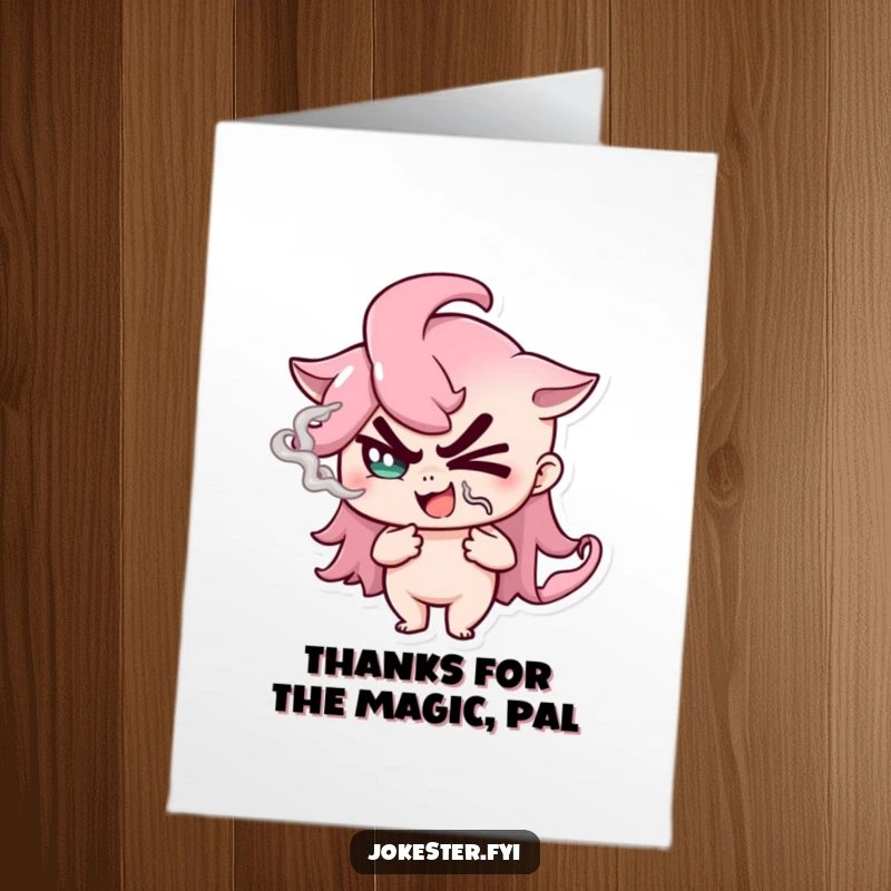 Funny Free Printable Thank You Card featuring a mischievous character winking, holding a puff of smoke, a delightful surprise.