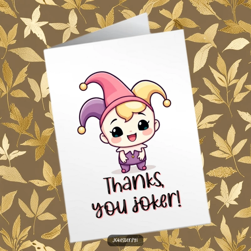 Funny Free Printable Thank You Card: A cheerful character wearing a jester hat playfully tipping it to express heartfelt thanks.