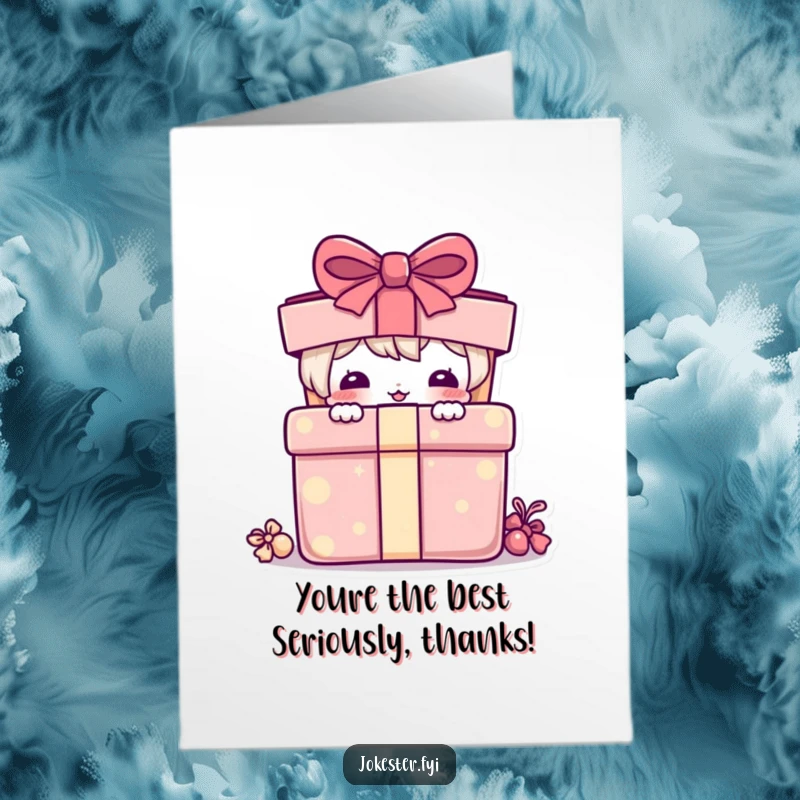 Funny Free Printable Thank You Card: Whimsical character peeking from behind a colorful gift box, showing thanks!