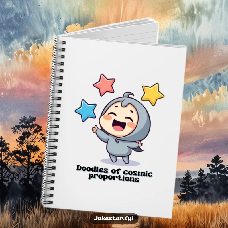 Funny juggling stars notebook, a giggling character organizing colorful stars. A humorous and inspirational tool for writing and planning.