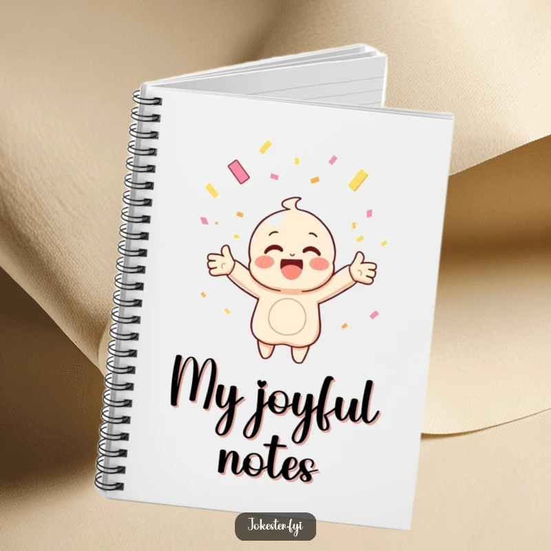 Funny notebook with a happy character catching falling confetti on the cover, inspiring joyful writing and planning.