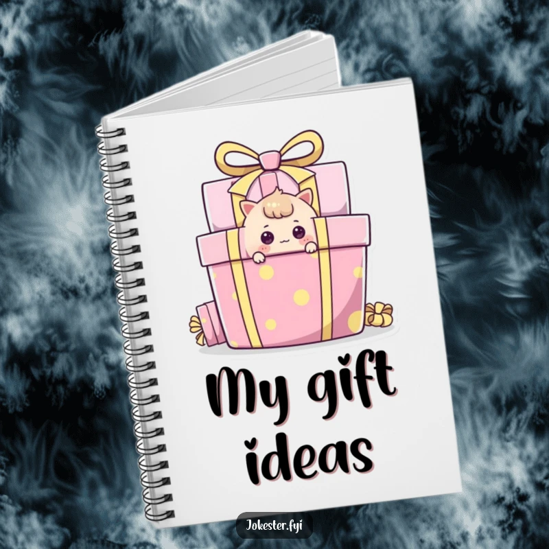 Funny Notebook featuring a curious character peeking around a gift box, ideal for jotting down curious ideas.