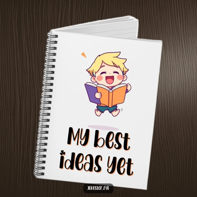 Funny joke book notebook with a character joyfully leaping while holding a large joke book, perfect for notes and creative writing.