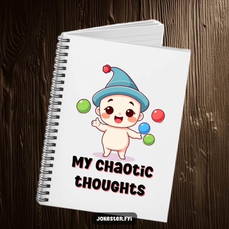 Funny juggling notebook with a cheerful character in a silly hat, juggling three colorful balls, perfect for notes and brainstorming.