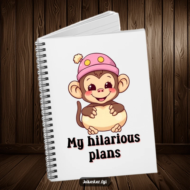 Funny monkey notebook featuring a smiling monkey wearing a silly hat and holding a whoopee cushion, ideal for writing.