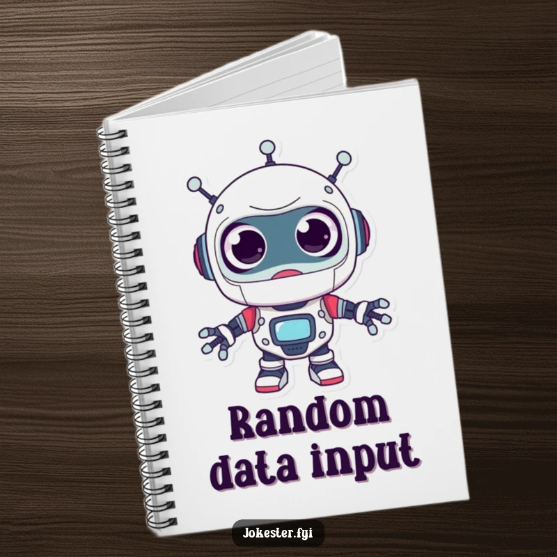 Funny robot notebook, a surprised character with large googly eyes, looking around playfully, perfect for journaling with humor.
