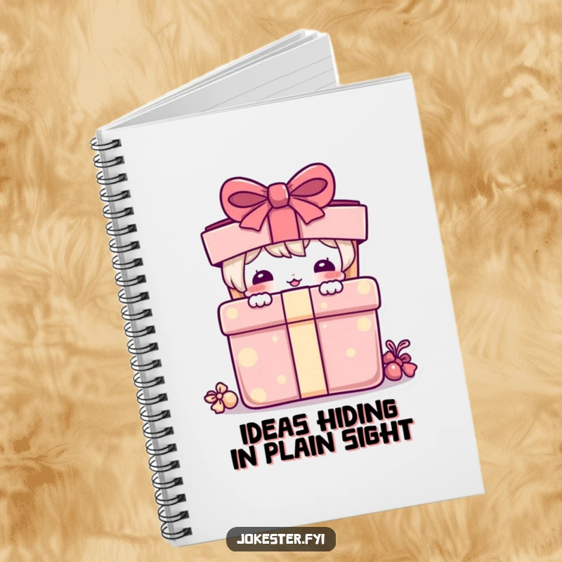 Funny Notebook: A cute character peeking from behind a vibrant, oversized present.