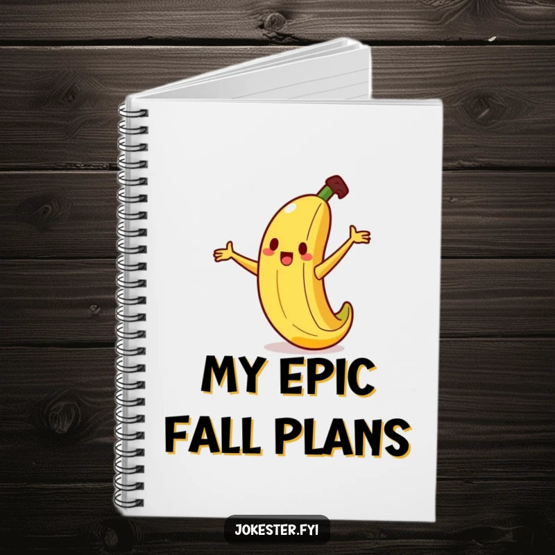 Funny banana notebook with a silly banana character humorously slipping on a tiny peel, arms flailing, ready for notes and doodles.