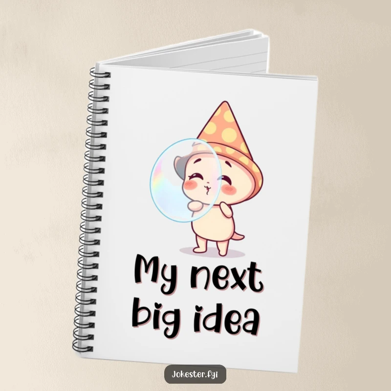 Funny notebook cover with a giggling character in a cone hat, blowing a huge, shimmering bubble. Inspires joy and creative writing.
