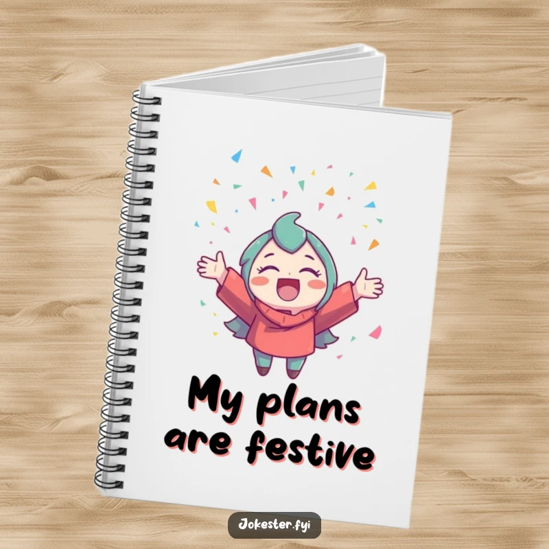 Funny Confetti Notebook: A delighted character throws confetti, inspiring the writing of celebration plans.