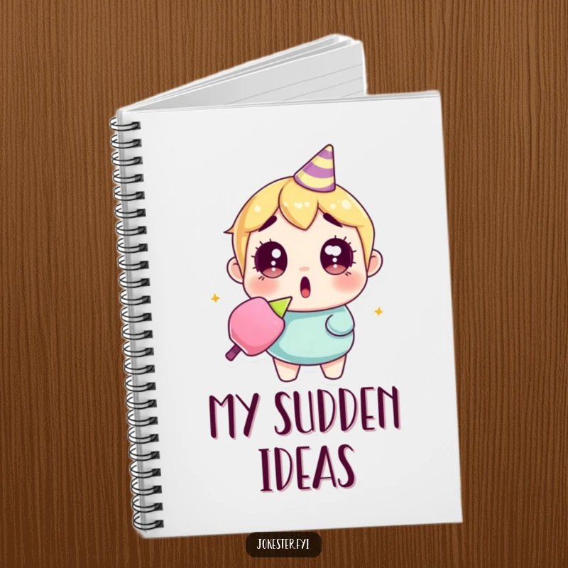 Funny surprised party popper notebook with a character wide-eyed, holding a confetti-filled party popper, perfect for notes and journaling.
