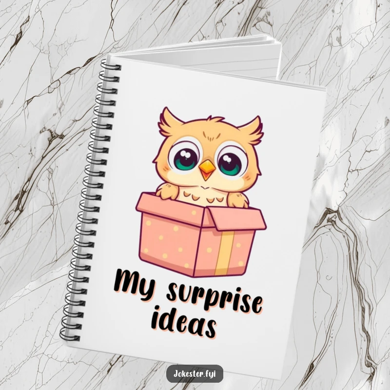 Funny owl notebook featuring a cheerful owl popping out of a gift box with a surprised expression, ideal for writing.