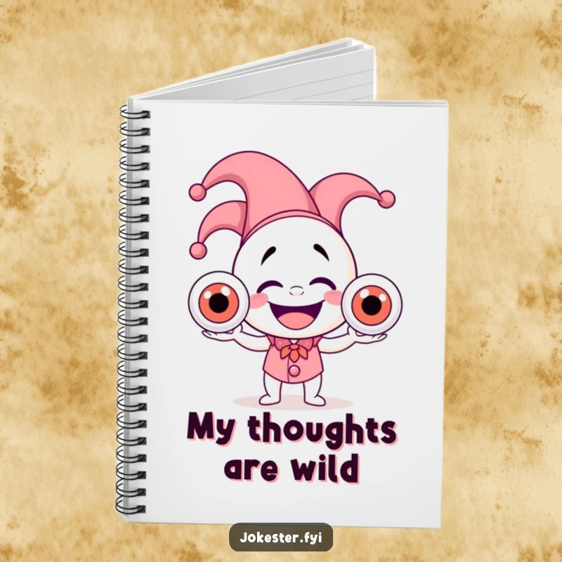 Funny notebook with a laughing jester in a hat juggling three wobbly eyeballs, inspiring creative and humorous note-taking.