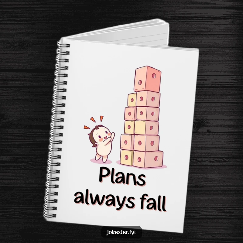 Funny notebook featuring a character’s delighted face as a tower of cubes comically collapses on the cover. Great for bright ideas.