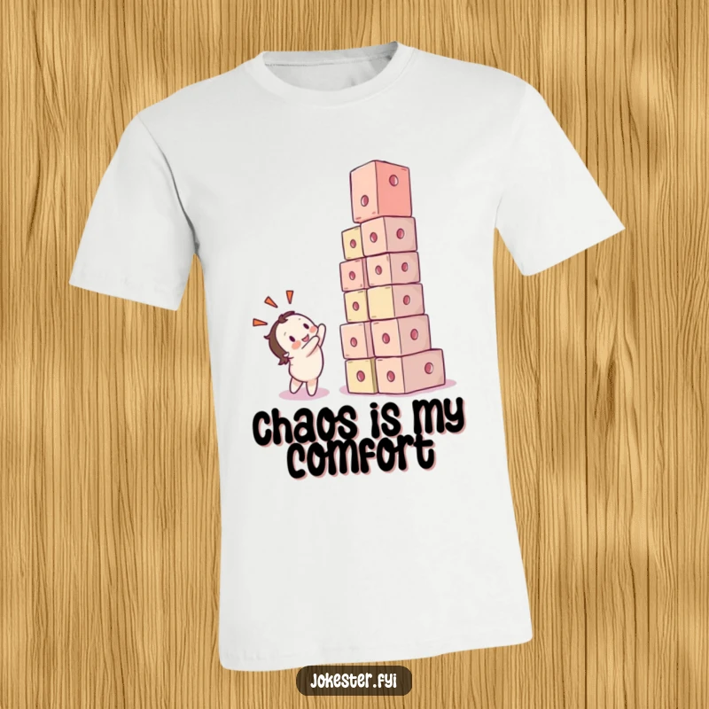 Funny t-shirt depicting a delighted character with wide eyes, watching a Jenga-like tower of cubes comically collapse. Pure amusement captured.