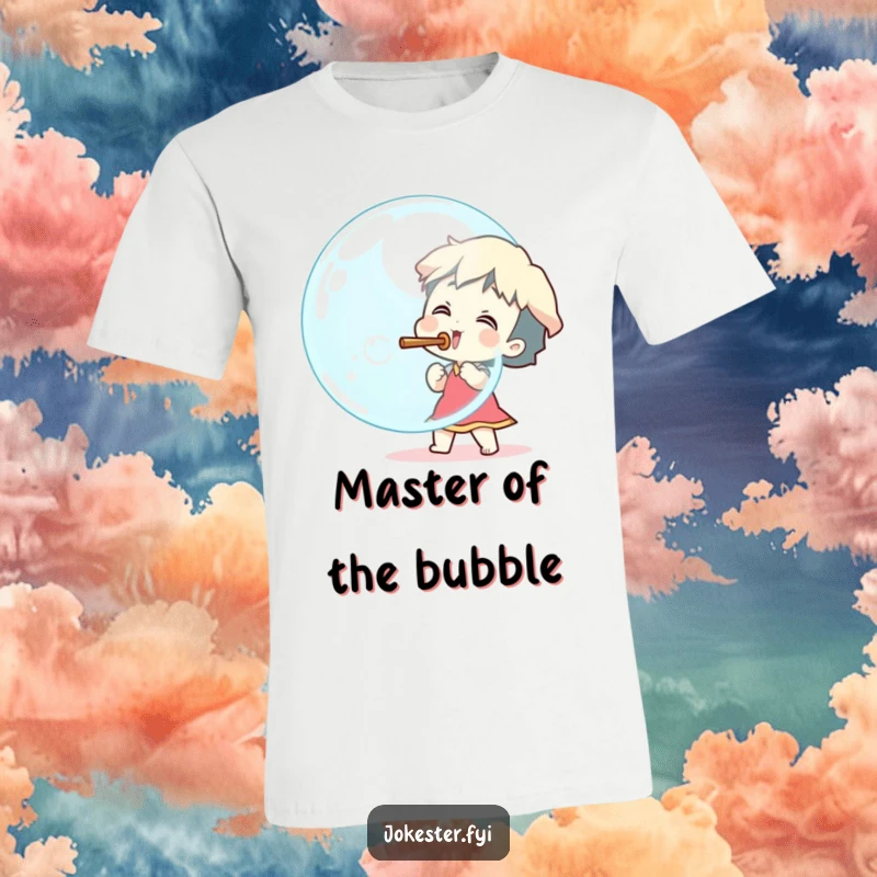 Funny excited character blowing a massive bubble with a stick, playful graphic tee, cartoon art, humorous apparel, funny gift.