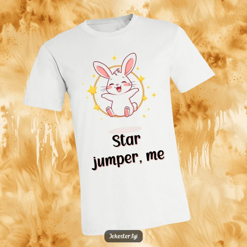 Funny t-shirt depicting a giggling rabbit leaping through a hoop of sparkling stars with pure delight.