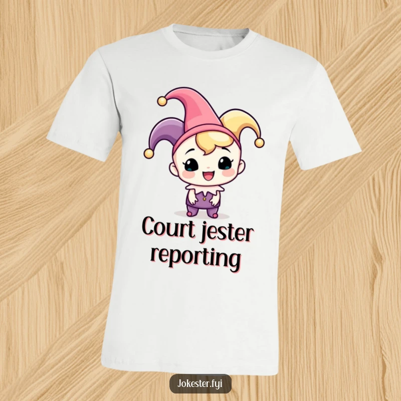 Funny jester hat t-shirt, a cheerful character wearing a jester hat and playfully tipping it with a mischievous grin.