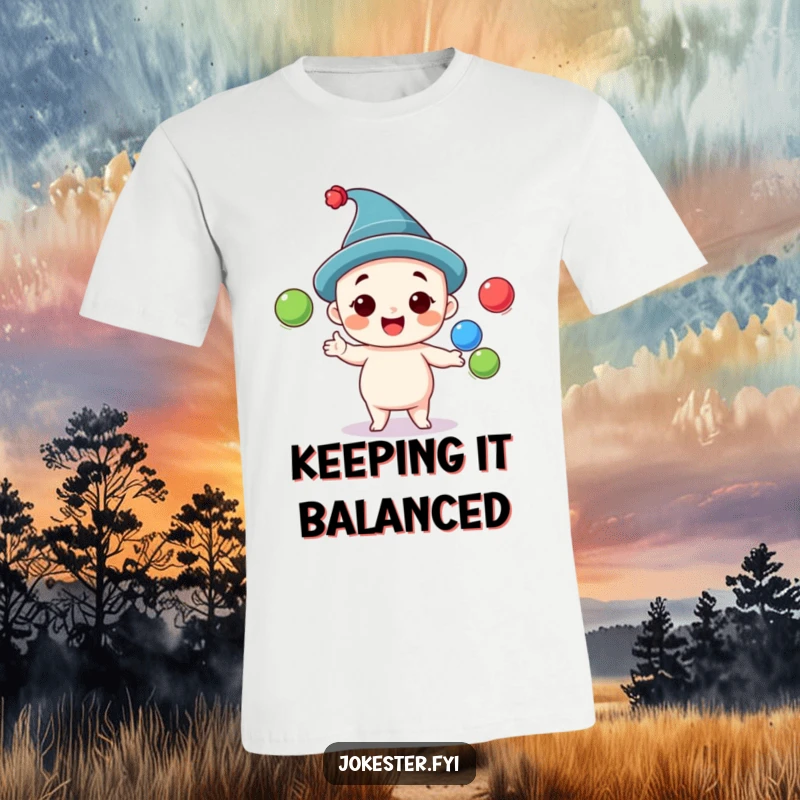 Funny juggling t-shirt depicting a cheerful character wearing an absurd hat, skillfully juggling three brightly colored balls with a smile.