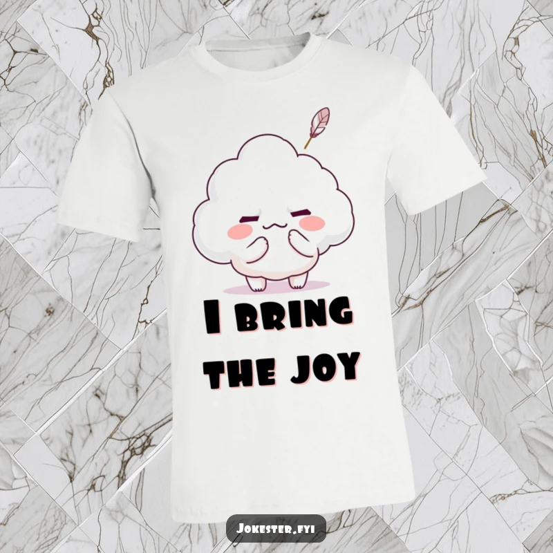 Funny Kawaii character tickling a grumpy cloud with a feather, making it smile, printed on a comfortable t-shirt.