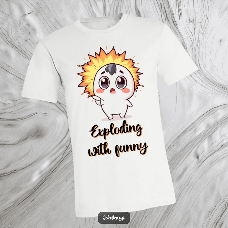 Funny Kawaii character with wide surprised eyes pointing at a big, expanding explosion of humor on a quirky t-shirt.