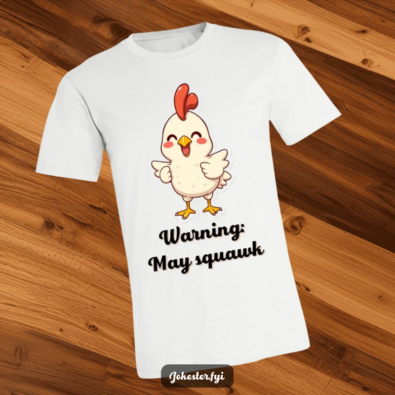 Funny t-shirt depicting a joyful character gleefully holding a rubber chicken, mid-squawk. Captures pure, unadulterated silliness.