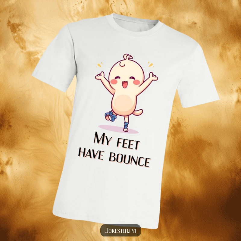 Funny T-Shirt: A character sporting enormous springs on its feet performs a comical dance, conveying a sense of boundless, silly energy.