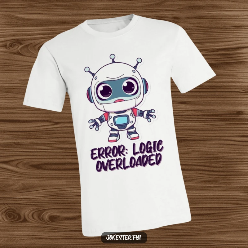 Funny robot t-shirt featuring a surprised character with giant googly eyes, peeking around playfully, a humorous tech design.