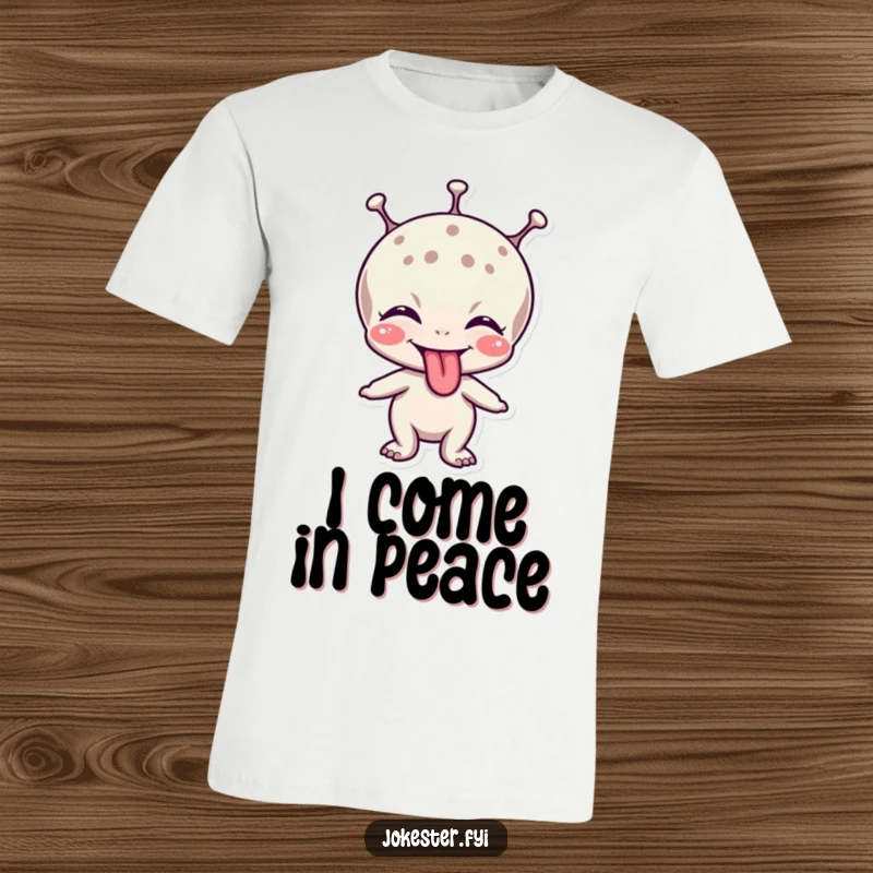 Funny t-shirt featuring a cheerfully giggling alien character sticking out its tongue in a playful manner.