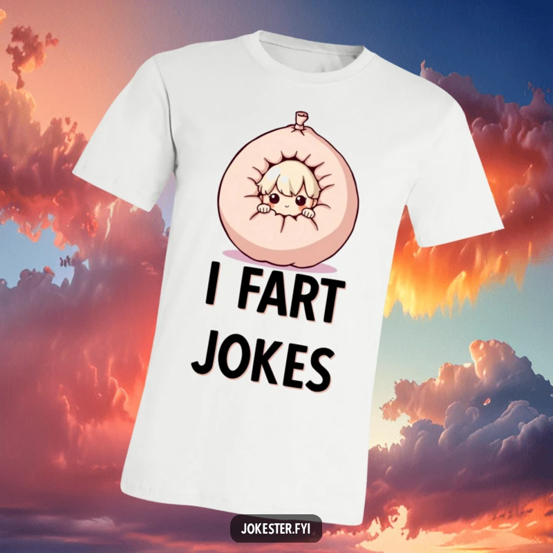 Funny curious character peeking from behind a giant whoopee cushion, humorous graphic tee, prankster art, playful apparel, funny gift.