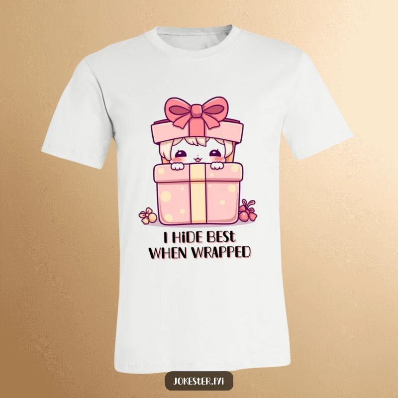 Funny T-Shirt: A quirky character humorously peeking from behind a massive, brightly wrapped gift box.