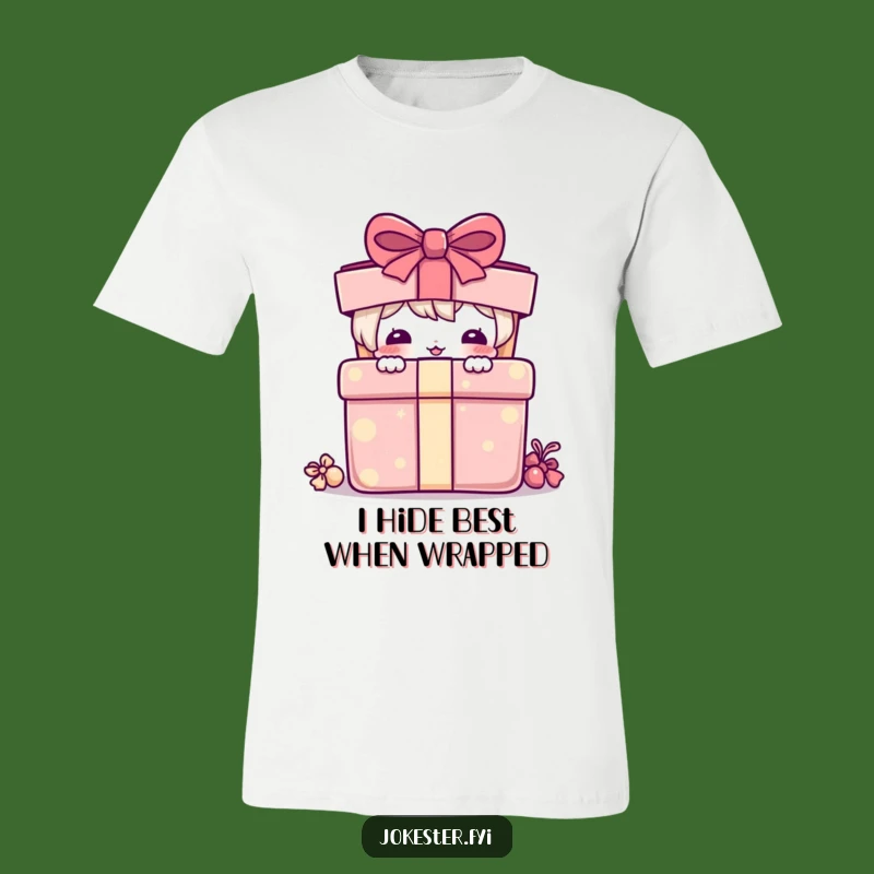 Funny T-Shirt: Playful Character Pokes Out from Colorful Present - Humorous Gift!