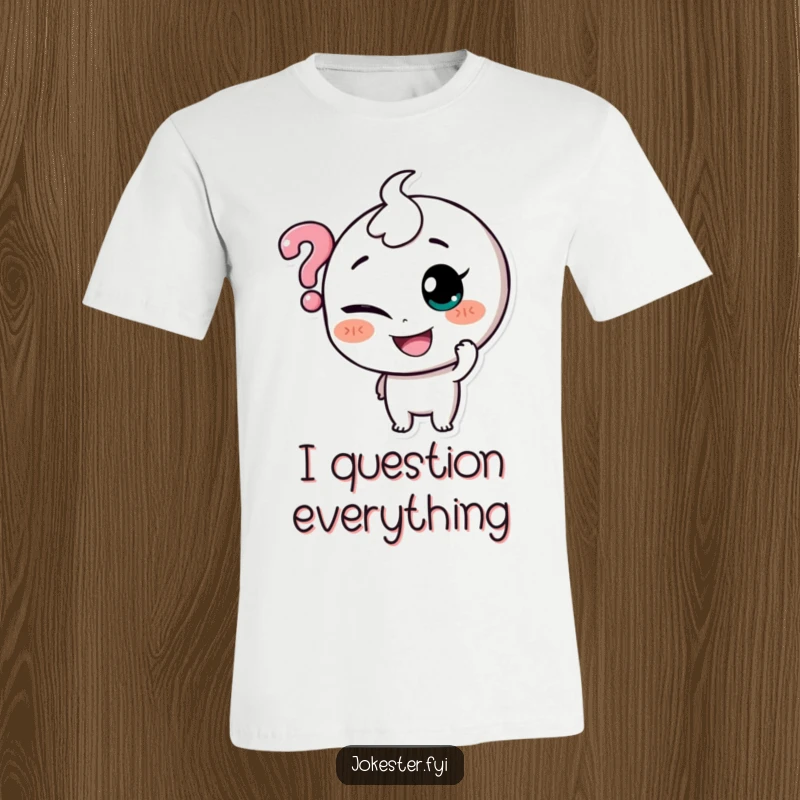 Funny t-shirt: a character with a mischievous look tickles a large, floating question mark, embodying playful inquiry.