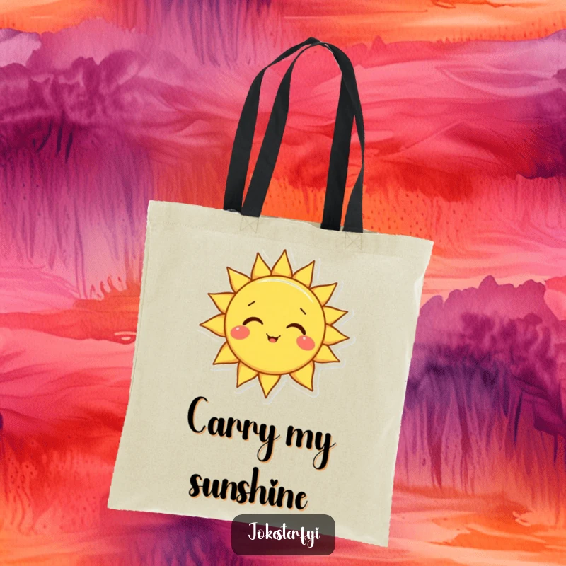 Funny sun tote bag with a happy smiling sun character tilting its head playfully, a cheerful and comical companion.