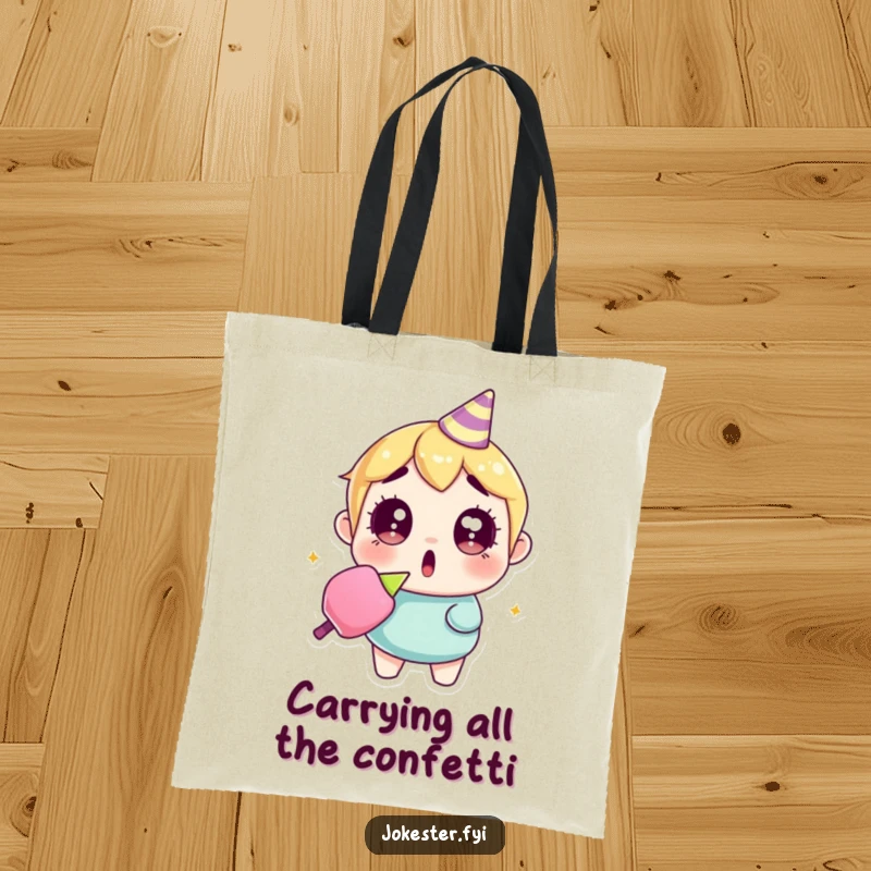 Funny surprised party popper tote bag with a character wide-eyed, holding a deflated party popper, symbolizing sudden joy or shock.