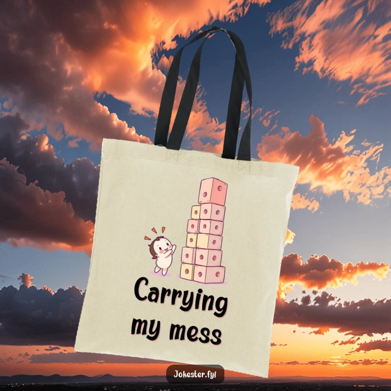 Funny tote bag with a delighted character observing a comical, collapsing tower of cubes. Great for carrying essentials with a smile.