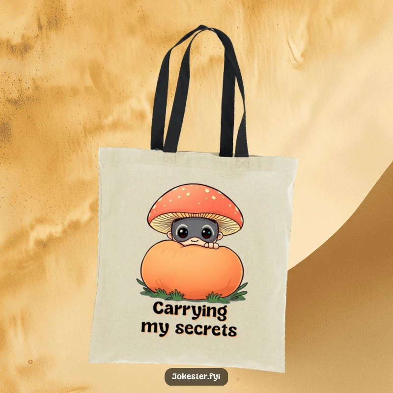 Funny tote bag depicting a curious character in a funny mask, peeking out from behind a giant, colorful puffball mushroom. Whimsical and practical.