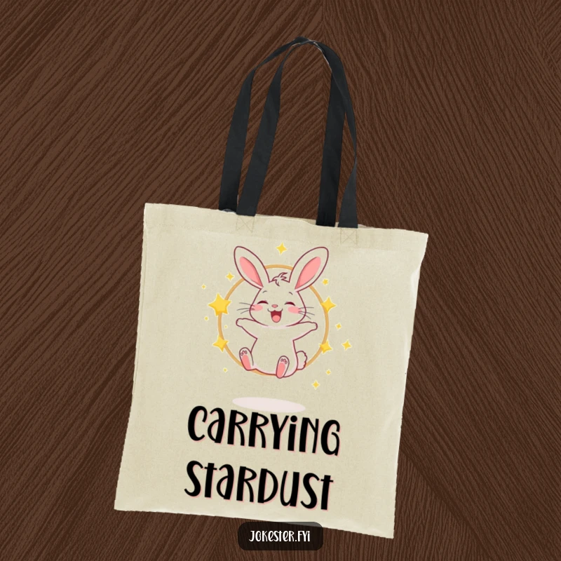 Funny tote bag showing a giggling rabbit jumping through a hoop of sparkling stars, great for shopping.