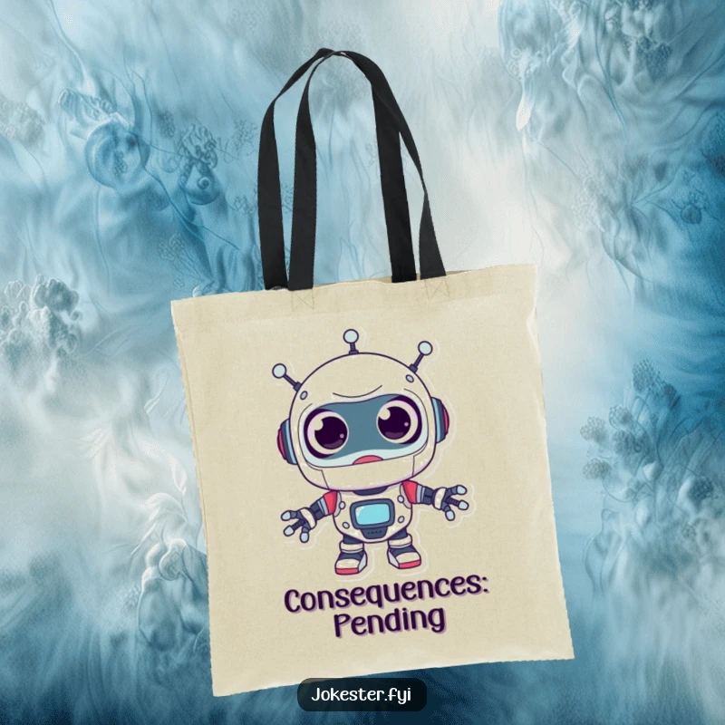 Funny robot tote bag, featuring a surprised character with oversized googly eyes, peeking around playfully, a humorous accessory.