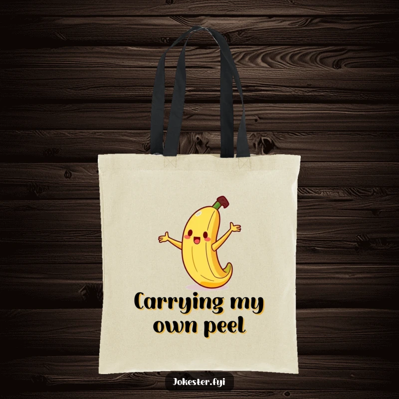 Funny banana tote bag with a silly banana character comically slipping on a tiny peel, arms flailing, a whimsical design.