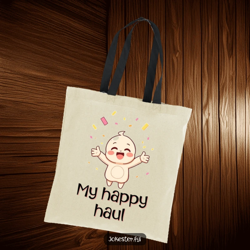 Funny tote bag showcasing a happy character with arms outstretched, catching falling confetti, perfect for carrying festive items.